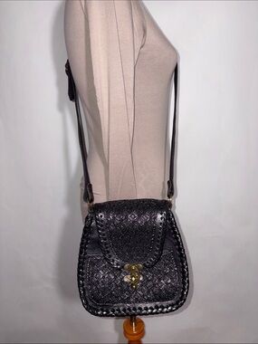 Black Hand-tooled Leather Crossbody Bag Embossed Geometric Detail